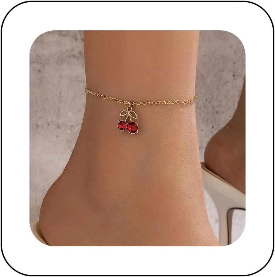 Vintage Red Cherry Anklet Chain Red Ruby Dangle Ankle Bracelet Gold Chain Anklet Bracelet Summer Beach Foot Chain Jewellery for Women and Girls, elastic, Yellow