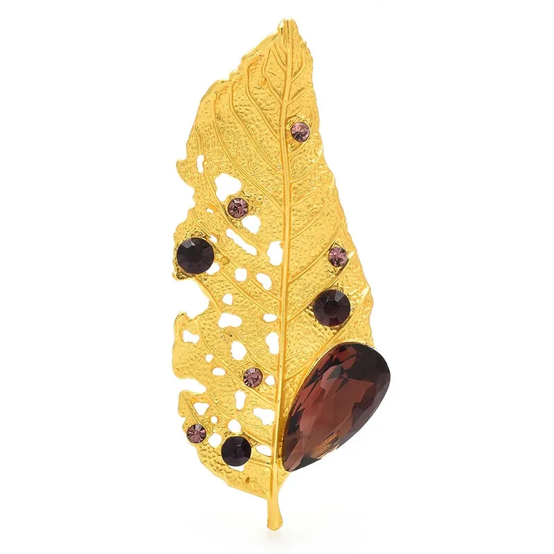 Wuli&baby Crystal Golden Leaf Brooches